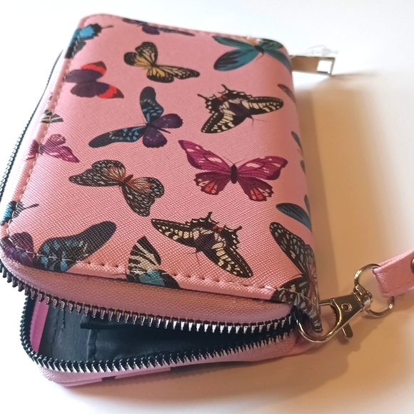 Butterflies pink wristlet wallet 4 × 6. 5 zip around womens wallet - Picture 5 of 7